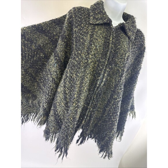 Branigan Weavers Wool Cape Poncho Sweater Full Zip Green Black Striped One Size - Picture 3 of 13